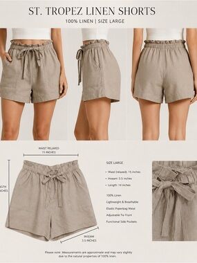 St. Tropez Taupe Linen High-Waist Paperbag Shorts